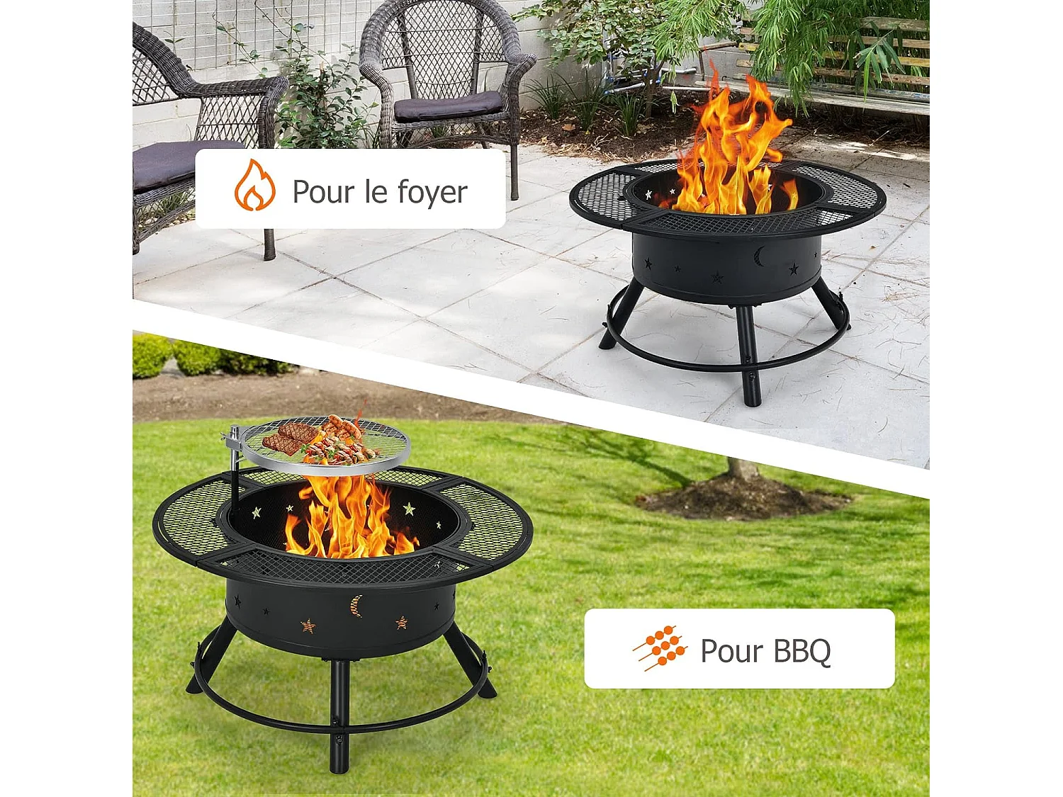 Brasero Foyer Extérieur de Jardin, Cheminée à Bois 2 en 1 avec Grille de Barbecue Réglable et Pivotante à 360 °, Diamètre 49 cm pour Jardin, CamBoisg, Barbecue