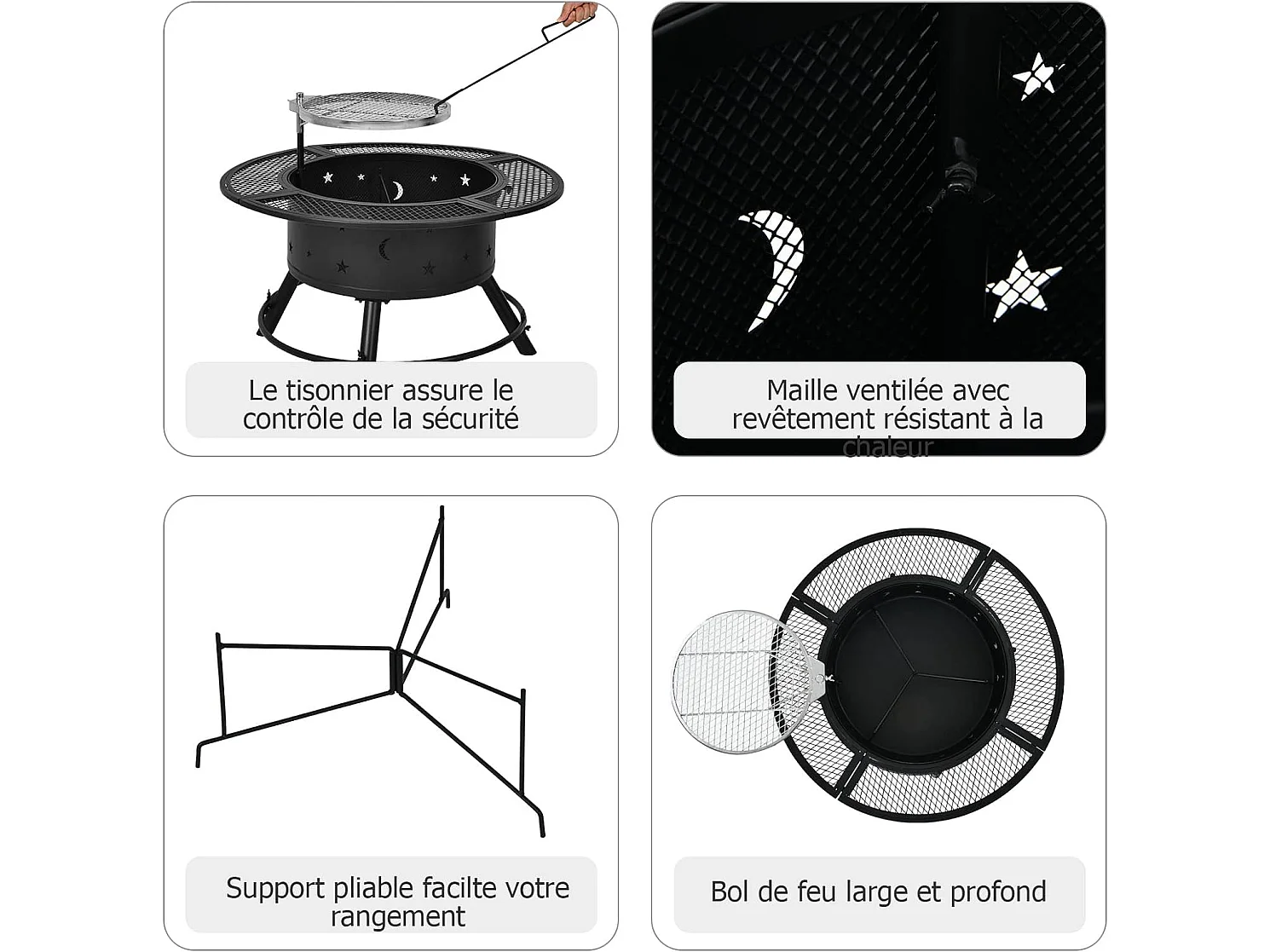 Brasero Foyer Extérieur de Jardin, Cheminée à Bois 2 en 1 avec Grille de Barbecue Réglable et Pivotante à 360 °, Diamètre 49 cm pour Jardin, CamBoisg, Barbecue