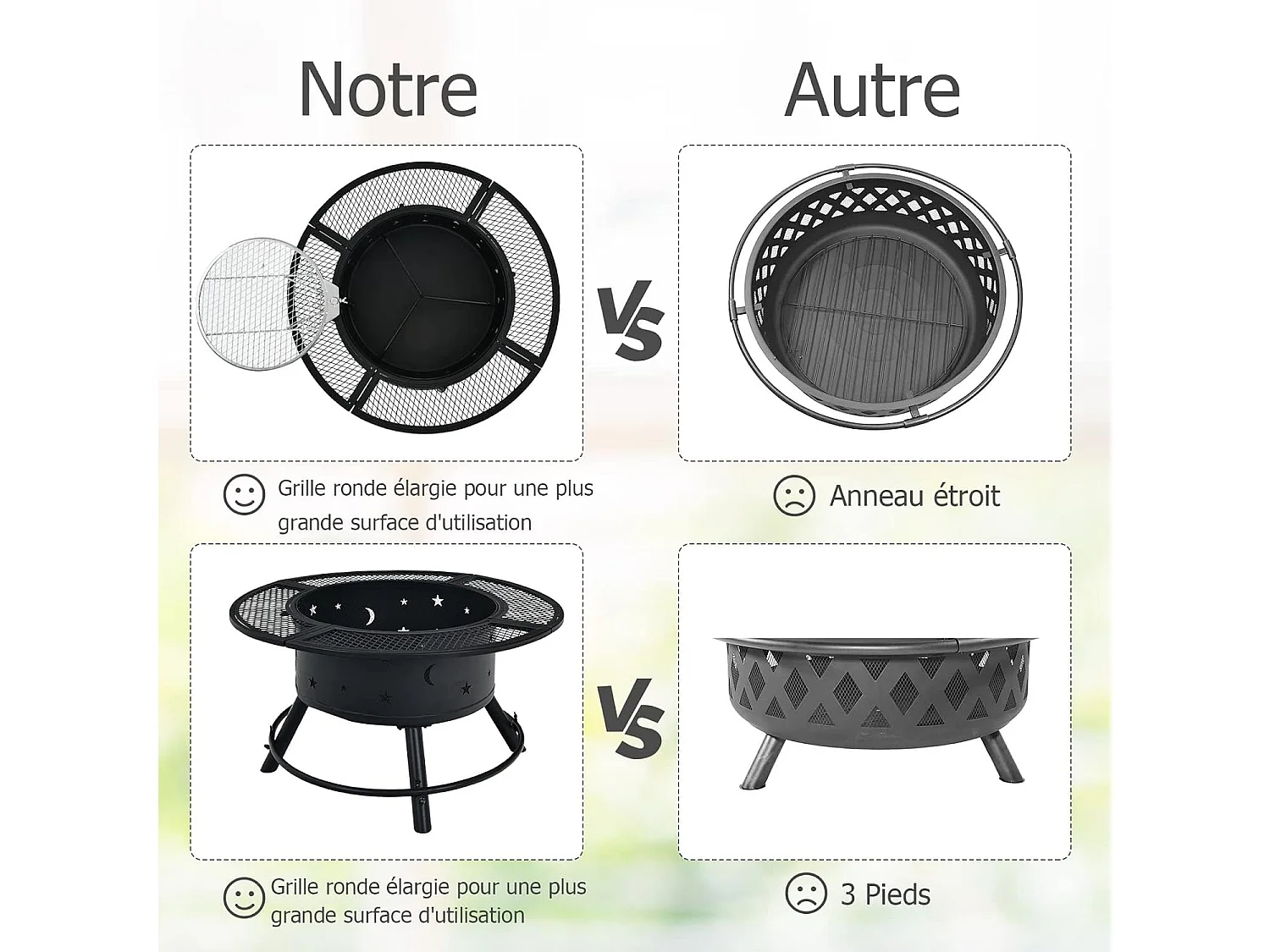 Brasero Foyer Extérieur de Jardin, Cheminée à Bois 2 en 1 avec Grille de Barbecue Réglable et Pivotante à 360 °, Diamètre 49 cm pour Jardin, CamBoisg, Barbecue