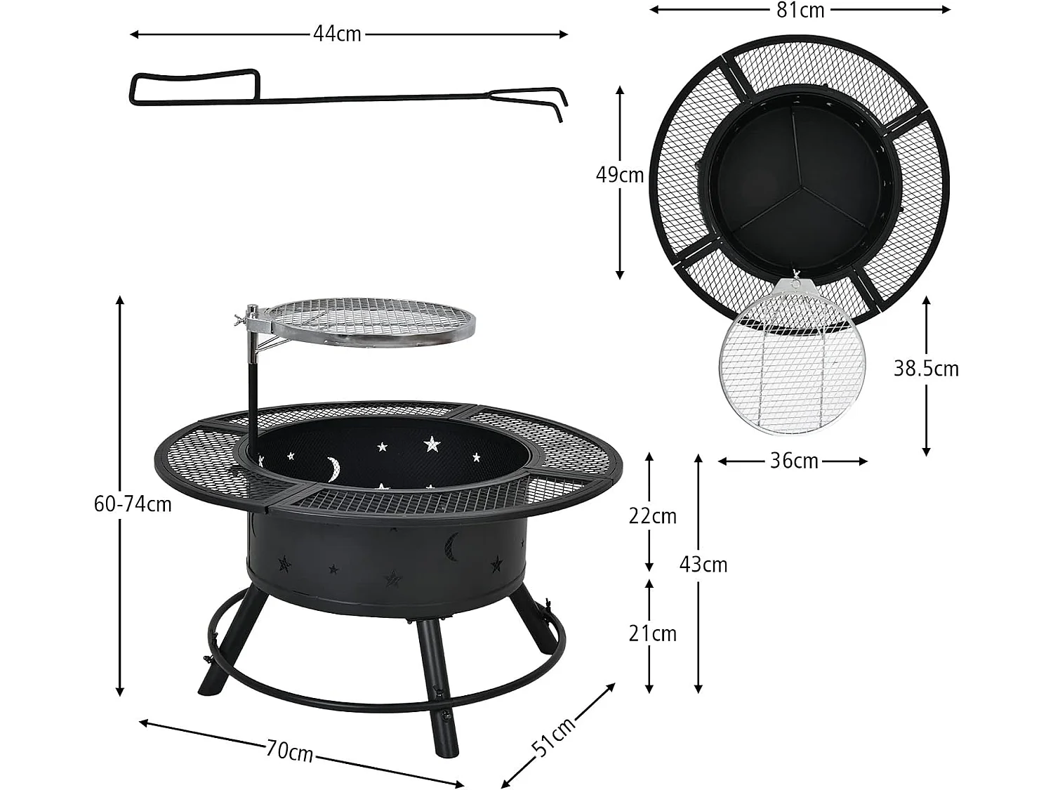 Brasero Foyer Extérieur de Jardin, Cheminée à Bois 2 en 1 avec Grille de Barbecue Réglable et Pivotante à 360 °, Diamètre 49 cm pour Jardin, CamBoisg, Barbecue