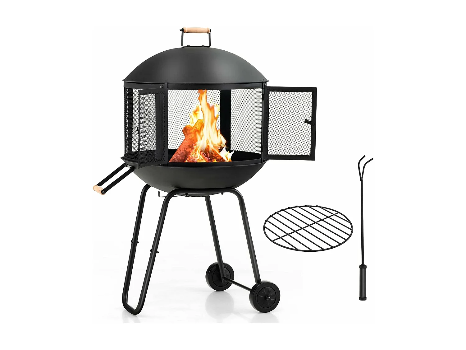 Brasero extérieur à 2 portes en maille, 2 roues couvercle rond du foyer en fer tisonnier grille