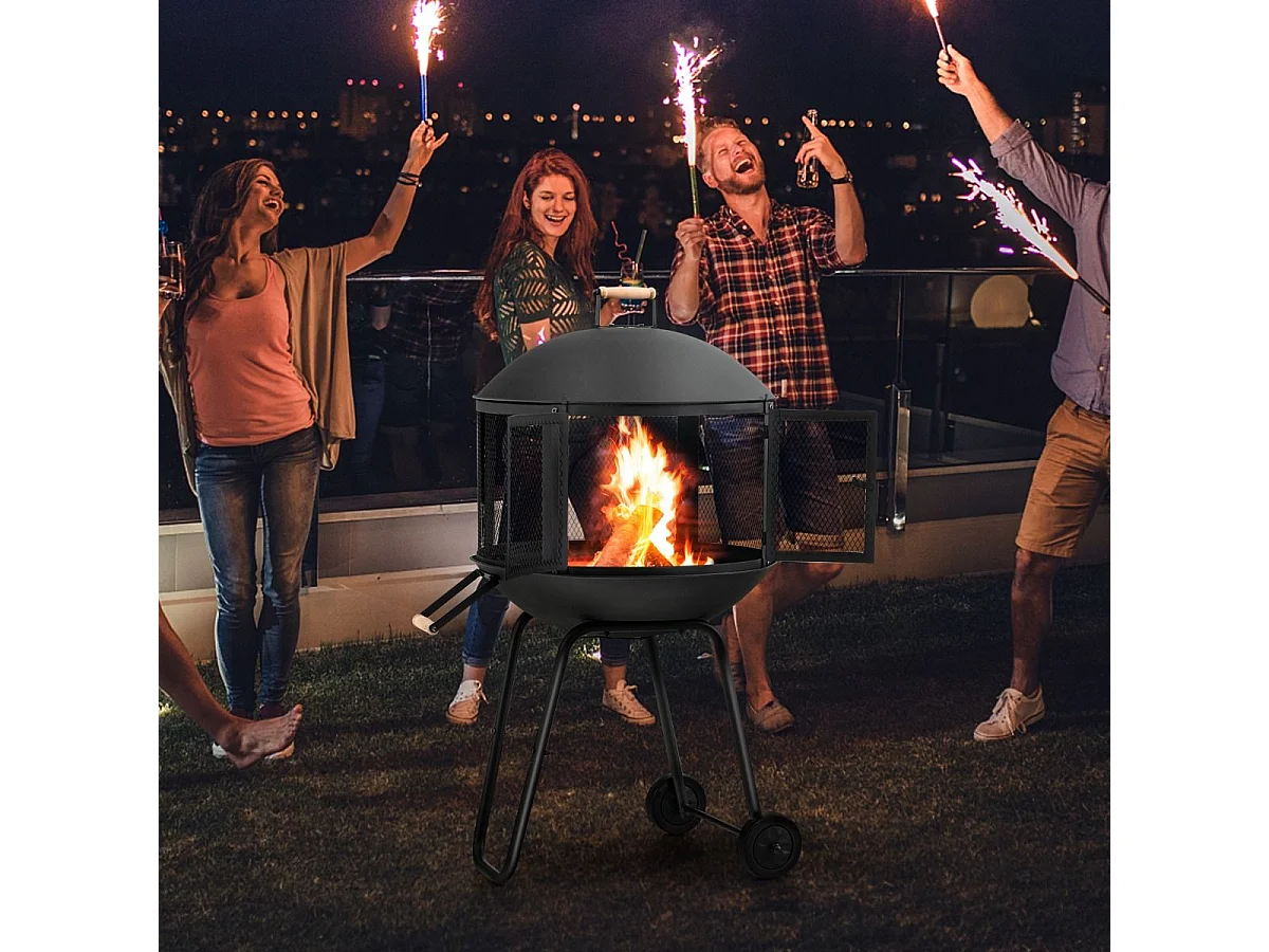 Brasero extérieur à 2 portes en maille, 2 roues couvercle rond du foyer en fer tisonnier grille