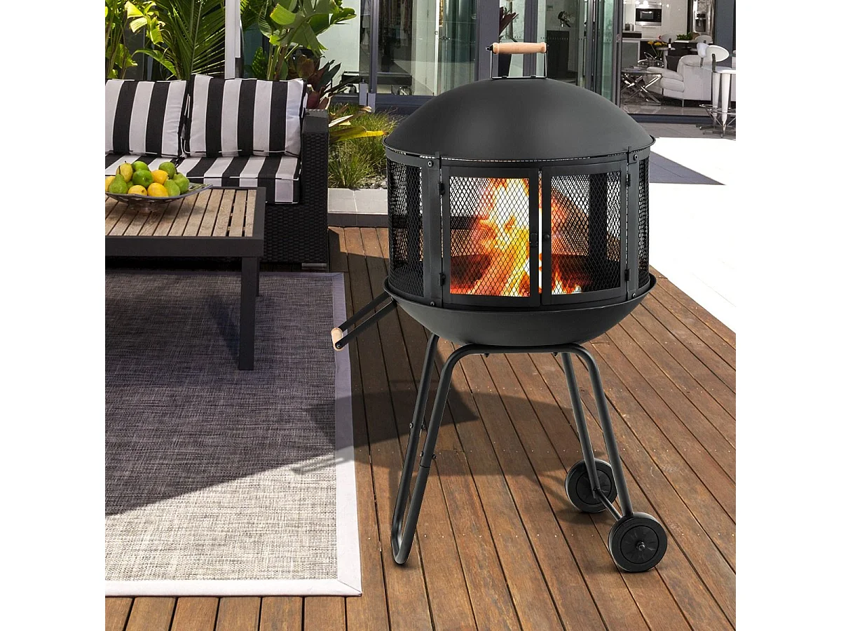 Brasero extérieur à 2 portes en maille, 2 roues couvercle rond du foyer en fer tisonnier grille