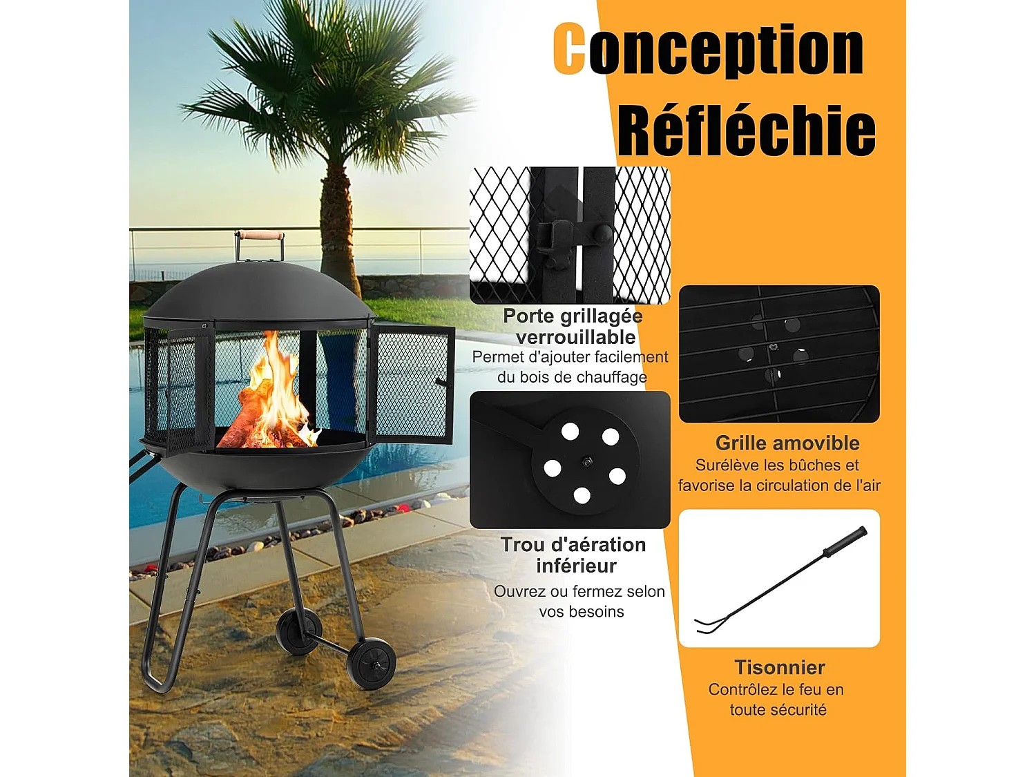Brasero extérieur à 2 portes en maille, 2 roues couvercle rond du foyer en fer tisonnier grille
