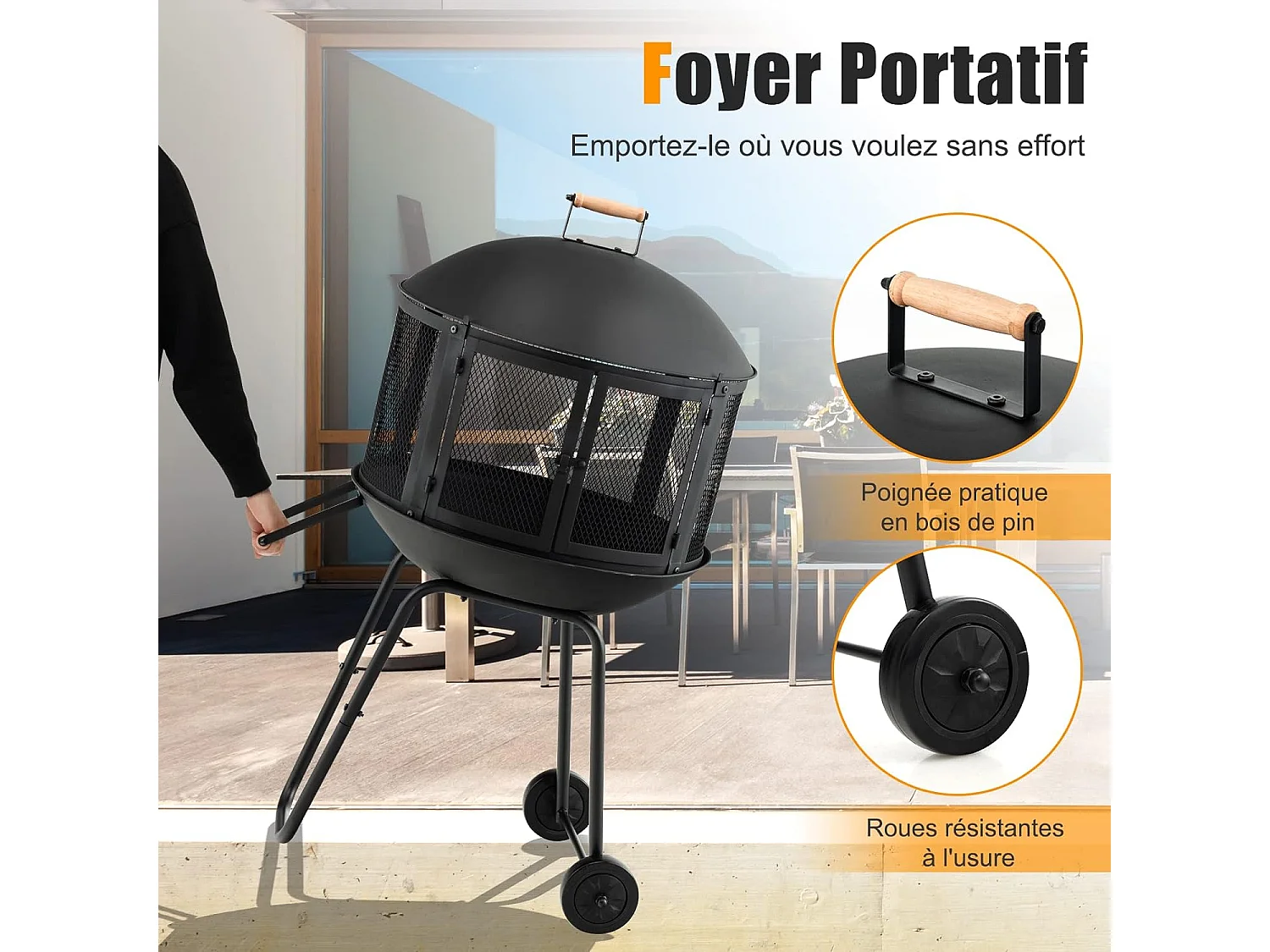 Brasero extérieur à 2 portes en maille, 2 roues couvercle rond du foyer en fer tisonnier grille