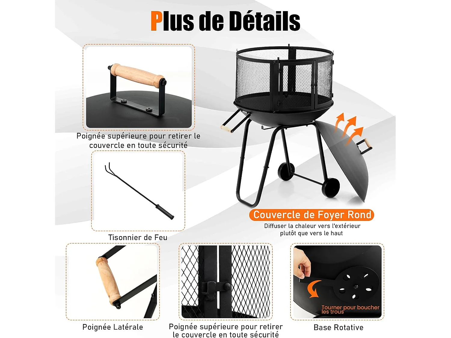 Brasero extérieur à 2 portes en maille, 2 roues couvercle rond du foyer en fer tisonnier grille