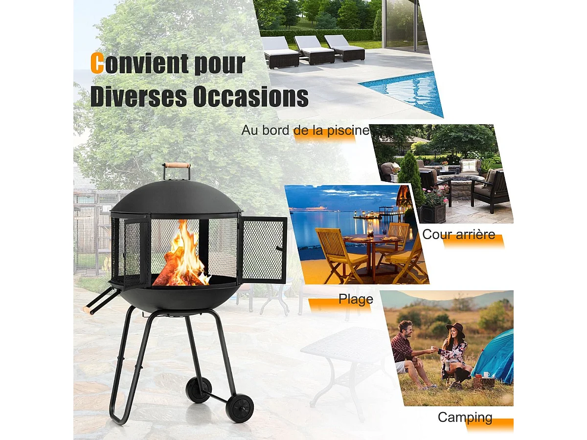 Brasero extérieur à 2 portes en maille, 2 roues couvercle rond du foyer en fer tisonnier grille