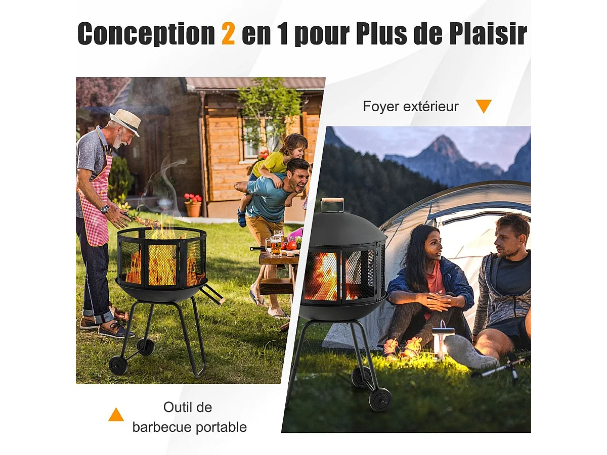 Brasero extérieur à 2 portes en maille, 2 roues couvercle rond du foyer en fer tisonnier grille
