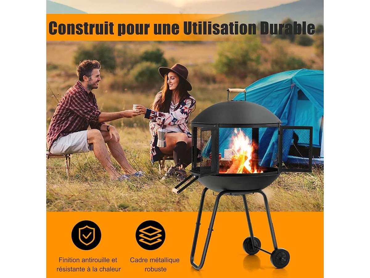 Brasero extérieur à 2 portes en maille, 2 roues couvercle rond du foyer en fer tisonnier grille