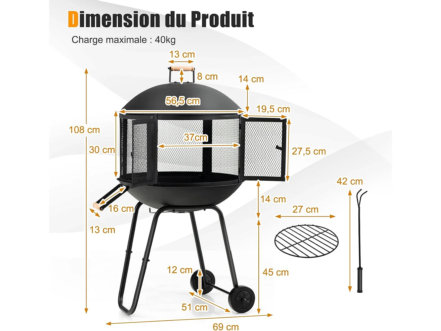 Brasero extérieur à 2 portes en maille, 2 roues couvercle rond du foyer en fer tisonnier grille