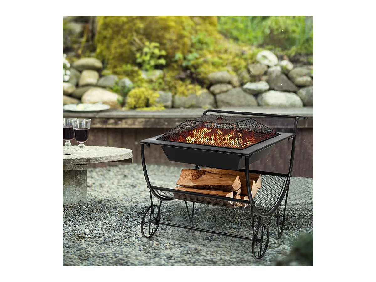 Brasero Exterieur pour Jardin, 75,5 x 58,5 x 56,5 cm, Terrasse Feu avec Support de Rangement Charge 50KG, 2 Roues Pratique Noir