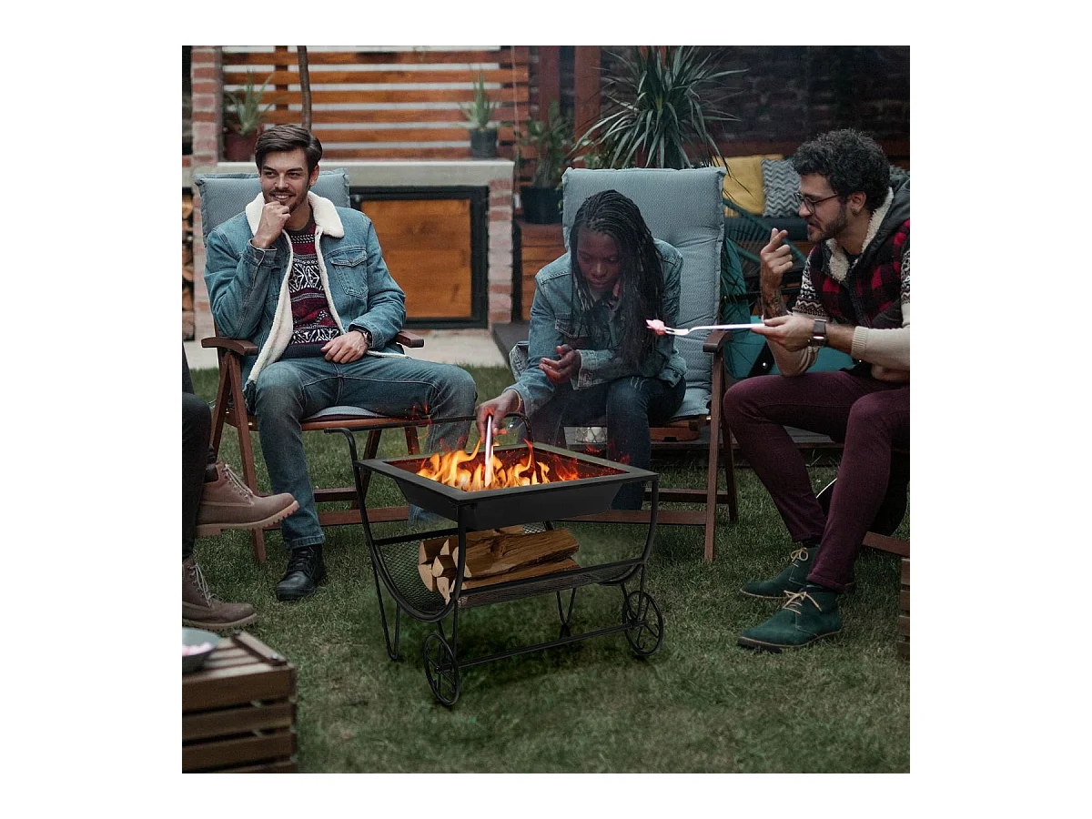 Brasero Exterieur pour Jardin, 75,5 x 58,5 x 56,5 cm, Terrasse Feu avec Support de Rangement Charge 50KG, 2 Roues Pratique Noir