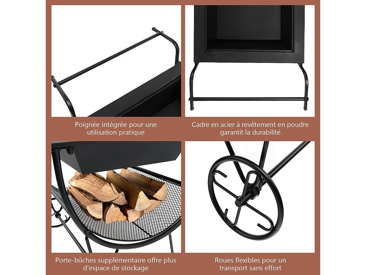 Brasero Exterieur pour Jardin, 75,5 x 58,5 x 56,5 cm, Terrasse Feu avec Support de Rangement Charge 50KG, 2 Roues Pratique Noir