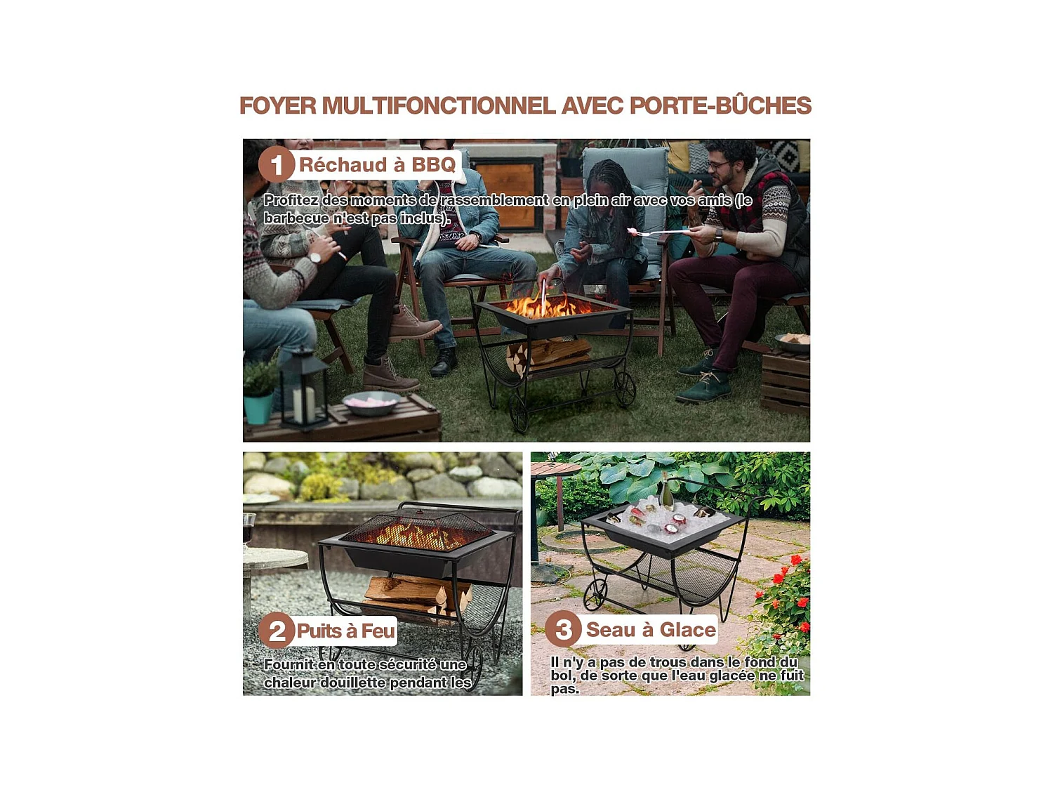 Brasero Exterieur pour Jardin, 75,5 x 58,5 x 56,5 cm, Terrasse Feu avec Support de Rangement Charge 50KG, 2 Roues Pratique Noir