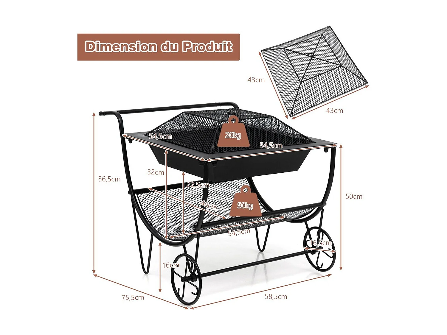 Brasero Exterieur pour Jardin, 75,5 x 58,5 x 56,5 cm, Terrasse Feu avec Support de Rangement Charge 50KG, 2 Roues Pratique Noir