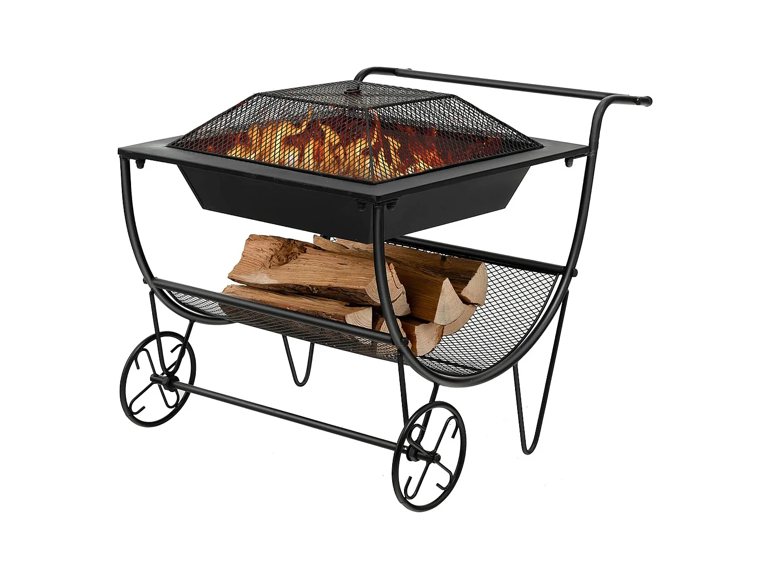 Brasero Exterieur pour Jardin, 75,5 x 58,5 x 56,5 cm, Terrasse Feu avec Support de Rangement Charge 50KG, 2 Roues Pratique Noir