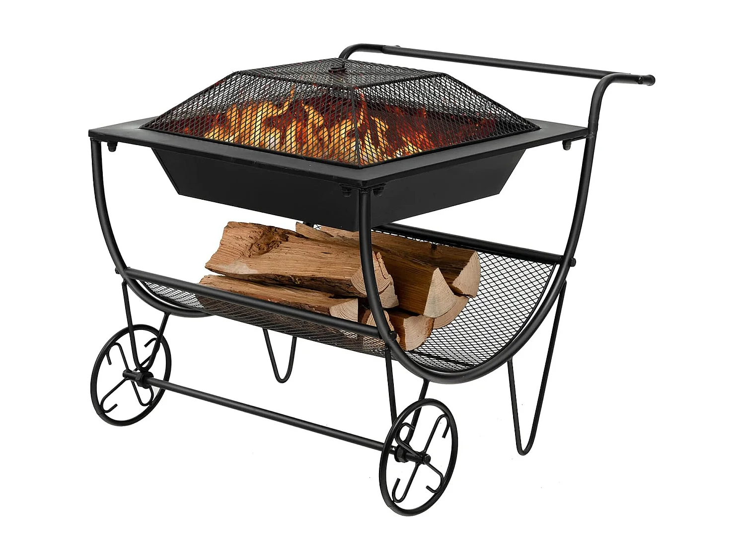 Brasero Exterieur pour Jardin, 75,5 x 58,5 x 56,5 cm, Terrasse Feu avec Support de Rangement Charge 50KG, 2 Roues Pratique Noir