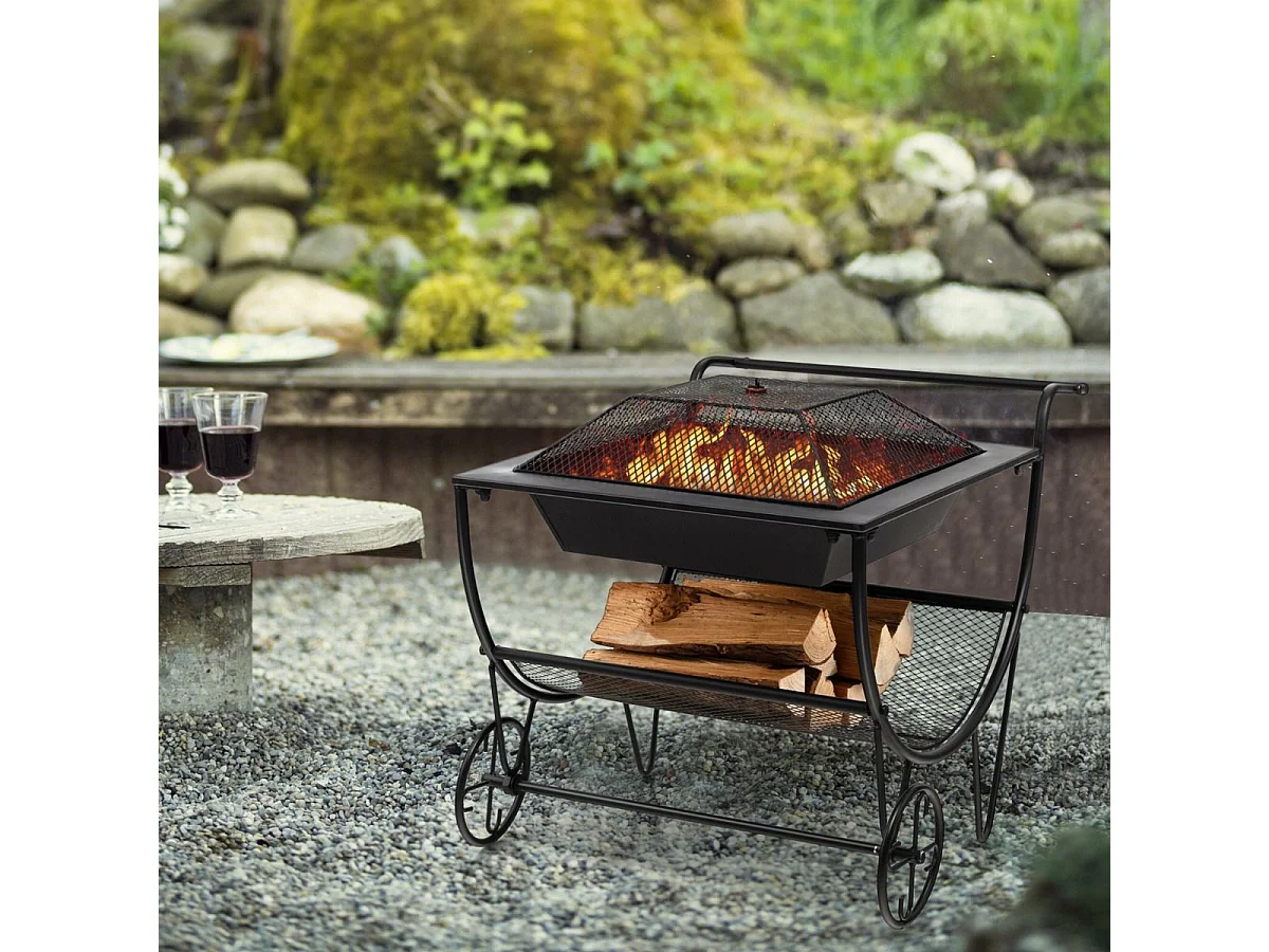 Brasero Exterieur pour Jardin, 75,5 x 58,5 x 56,5 cm, Terrasse Feu avec Support de Rangement Charge 50KG, 2 Roues Pratique Noir
