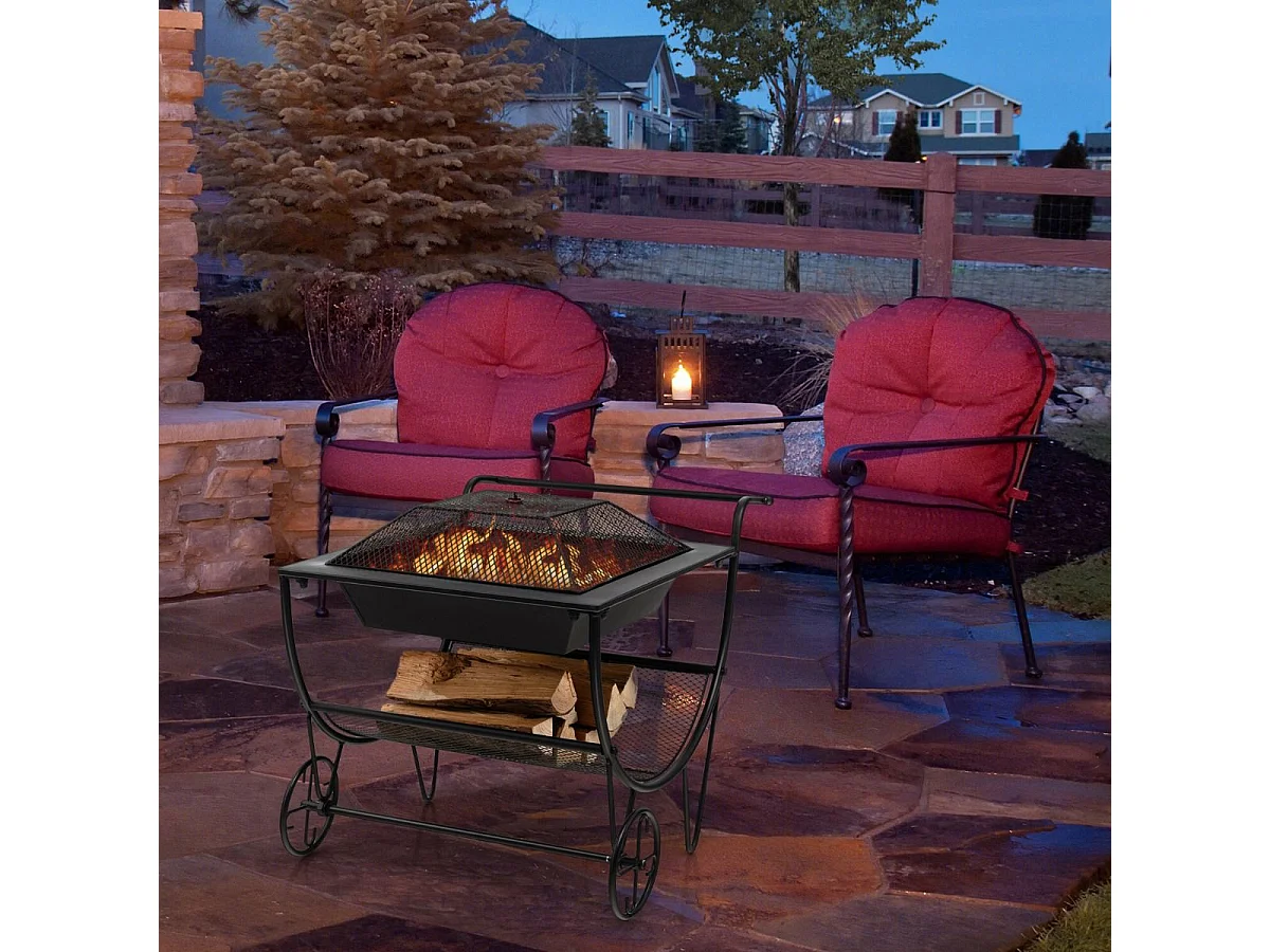 Brasero Exterieur pour Jardin, 75,5 x 58,5 x 56,5 cm, Terrasse Feu avec Support de Rangement Charge 50KG, 2 Roues Pratique Noir