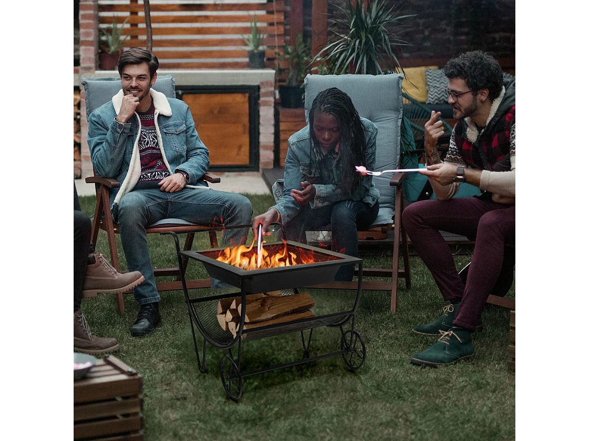 Brasero Exterieur pour Jardin, 75,5 x 58,5 x 56,5 cm, Terrasse Feu avec Support de Rangement Charge 50KG, 2 Roues Pratique Noir
