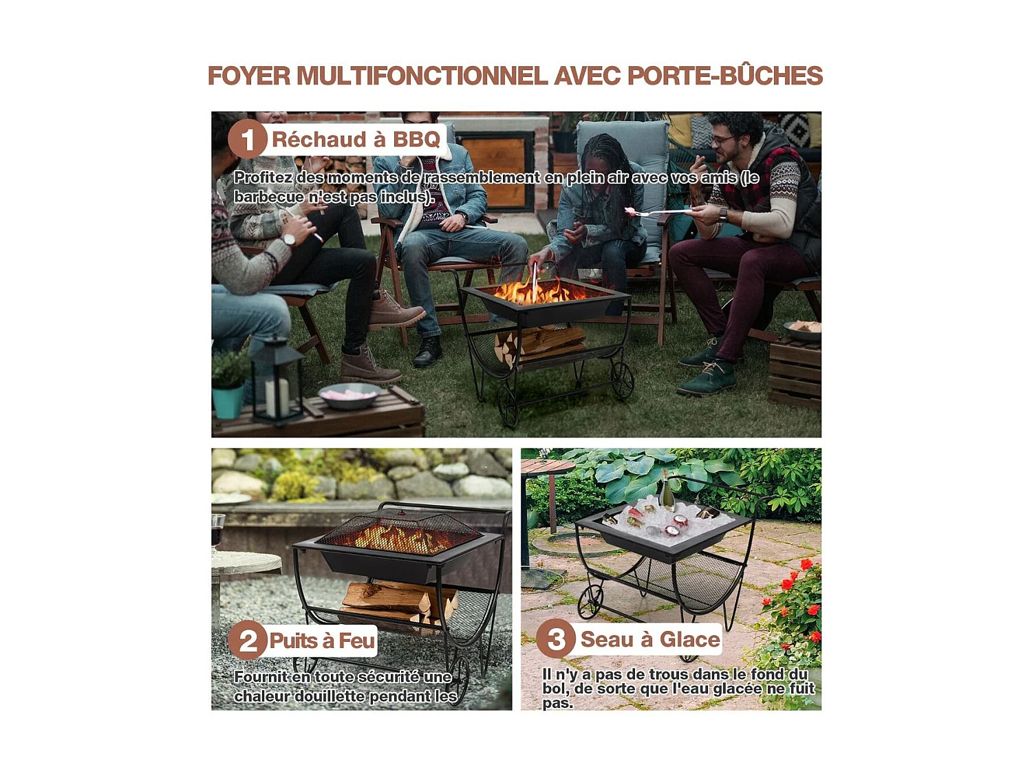 Brasero Exterieur pour Jardin, 75,5 x 58,5 x 56,5 cm, Terrasse Feu avec Support de Rangement Charge 50KG, 2 Roues Pratique Noir