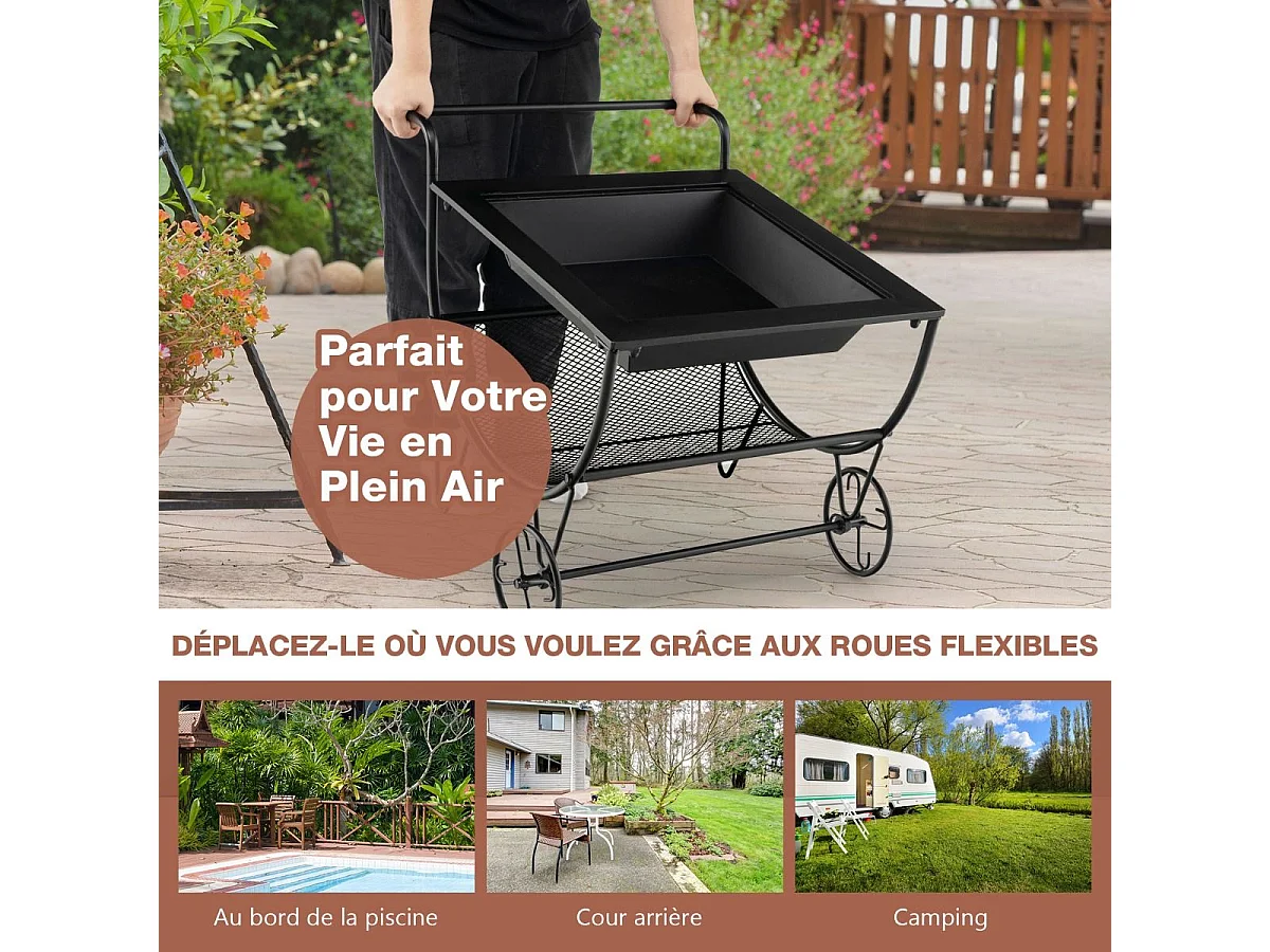 Brasero Exterieur pour Jardin, 75,5 x 58,5 x 56,5 cm, Terrasse Feu avec Support de Rangement Charge 50KG, 2 Roues Pratique Noir