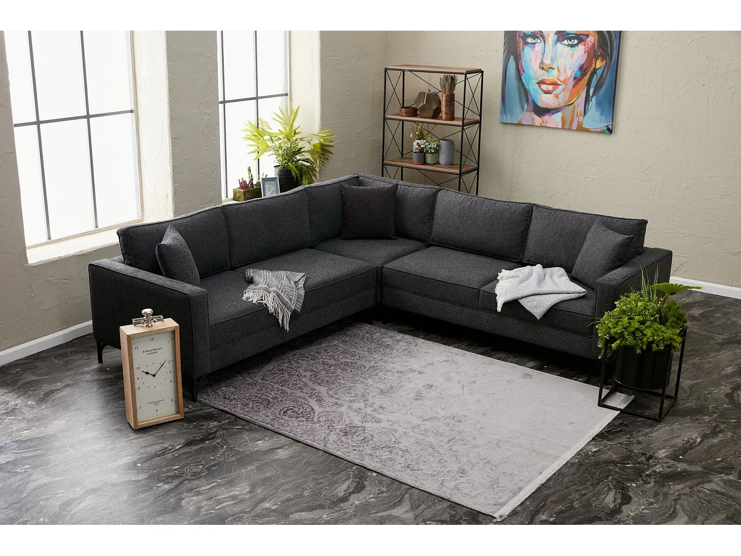 Canapé d'angle reversible Barlino Tissu Anthracite pieds Noir