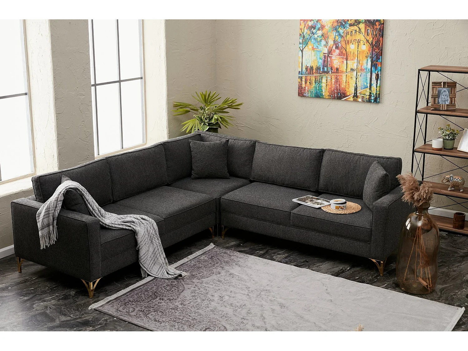 Canapé d'angle reversible Barlino Tissu Anthracite pieds Or