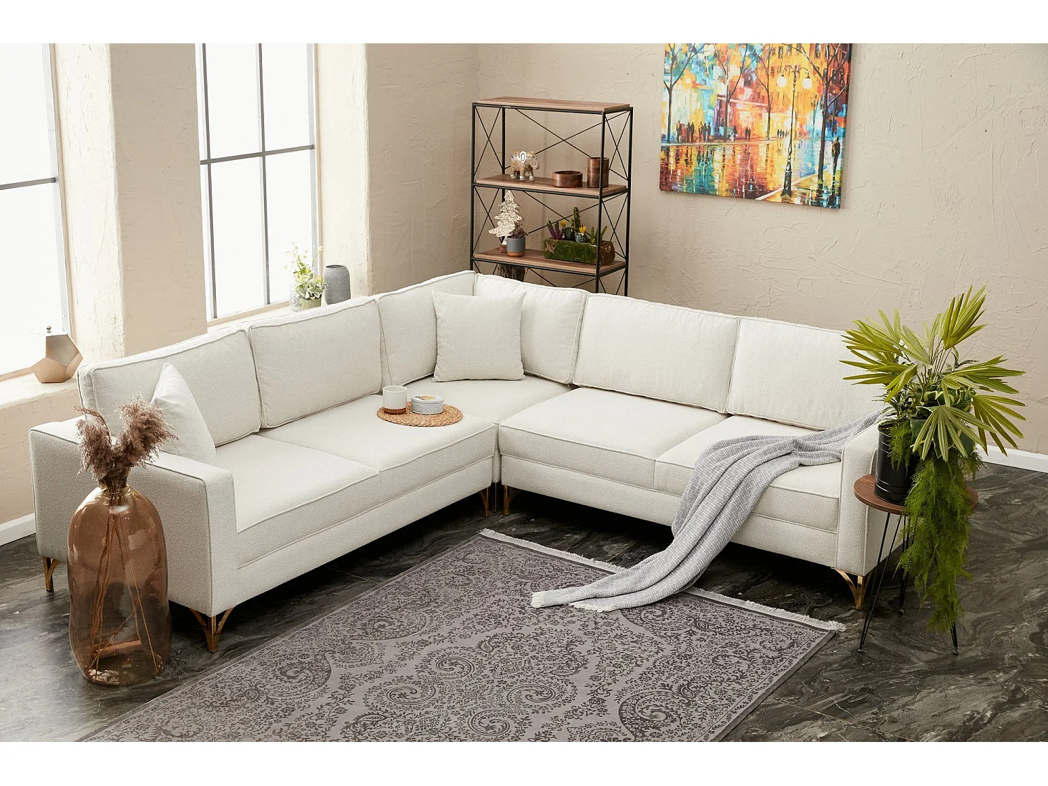 Canapé d'angle reversible Barlino Tissu Blanc crème pieds Or