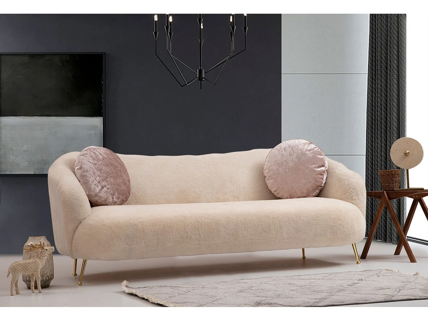 Canapé 3 places avec 2 coussins Leticia Tissu bouclette Beige