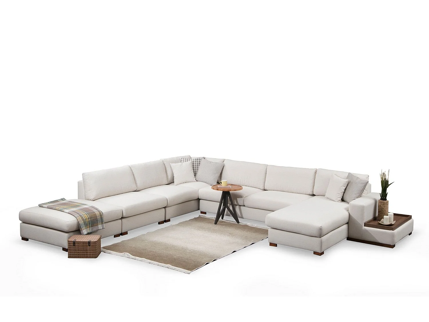 Canapé panoramique avec pouf, table d'appoint à droite et 5 coussins Arslan Tissu Beige