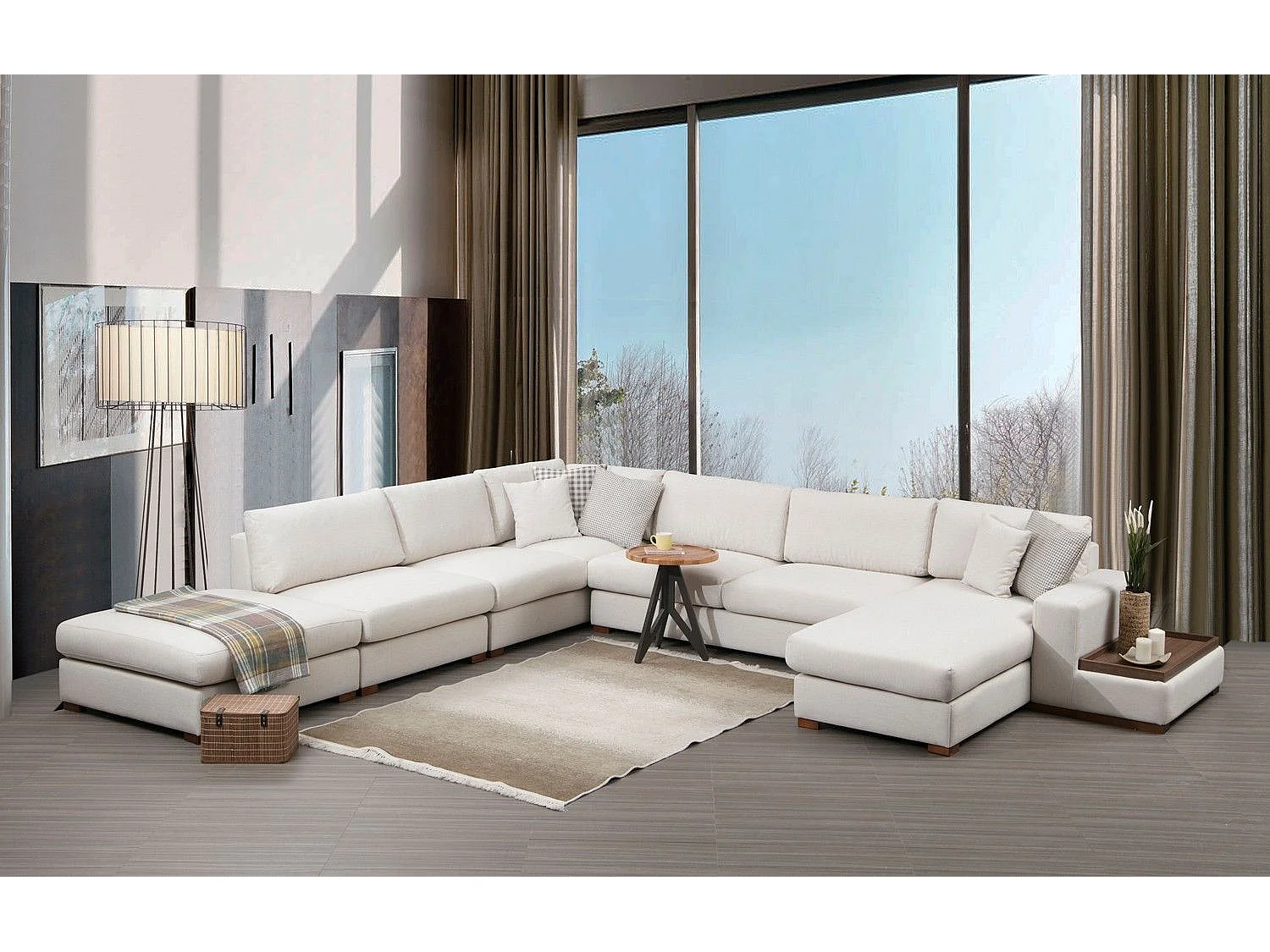 Canapé panoramique avec pouf, table d'appoint à droite et 5 coussins Arslan Tissu Beige