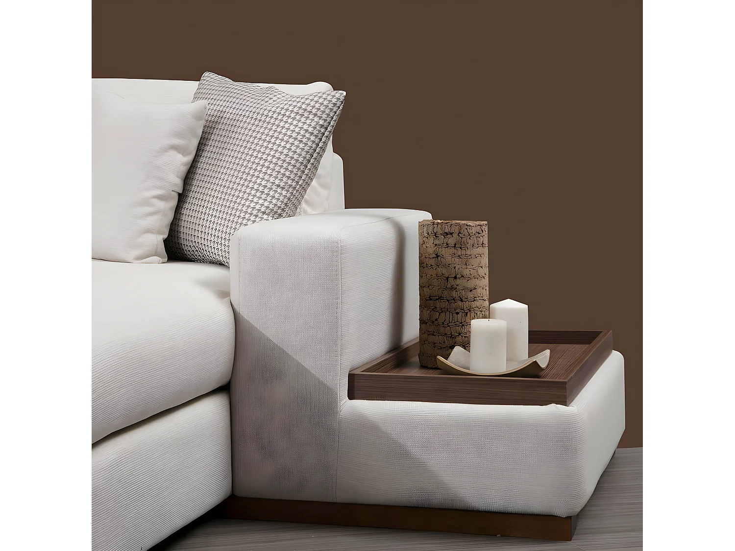 Canapé panoramique avec pouf, table d'appoint à droite et 5 coussins Arslan Tissu Beige