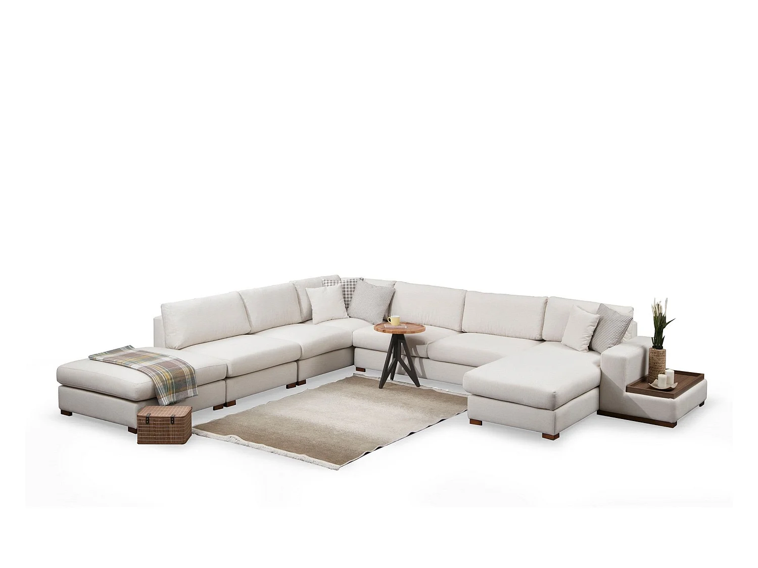 Canapé panoramique avec pouf, table d'appoint à droite et 5 coussins Arslan Tissu Beige