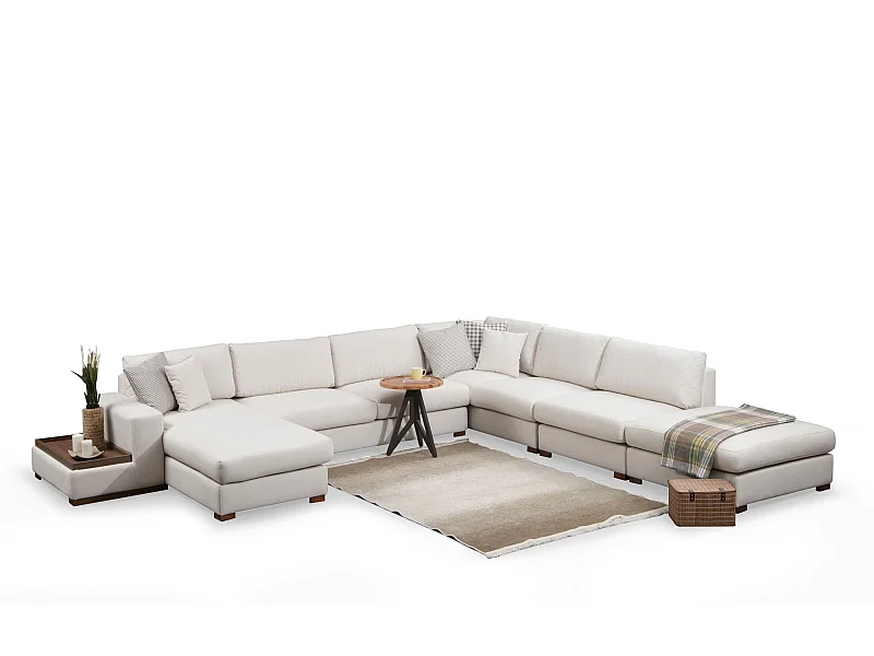 Canapé panoramique avec pouf, table d'appoint à gauche et 5 coussins Arslan Tissu Beige