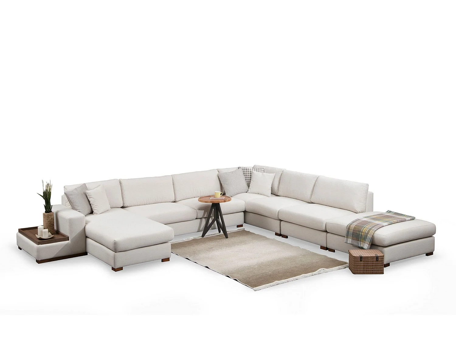 Canapé panoramique avec pouf, table d'appoint à gauche et 5 coussins Arslan Tissu Beige