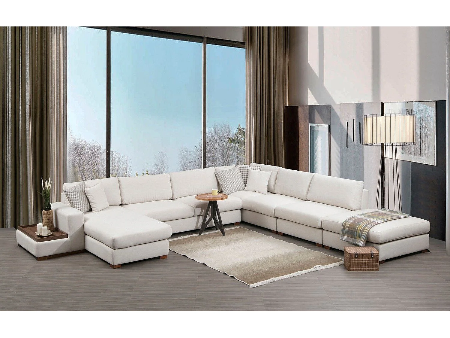 Canapé panoramique avec pouf, table d'appoint à gauche et 5 coussins Arslan Tissu Beige