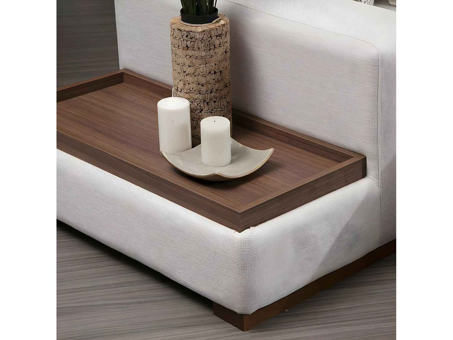 Canapé panoramique avec pouf, table d'appoint à gauche et 5 coussins Arslan Tissu Beige