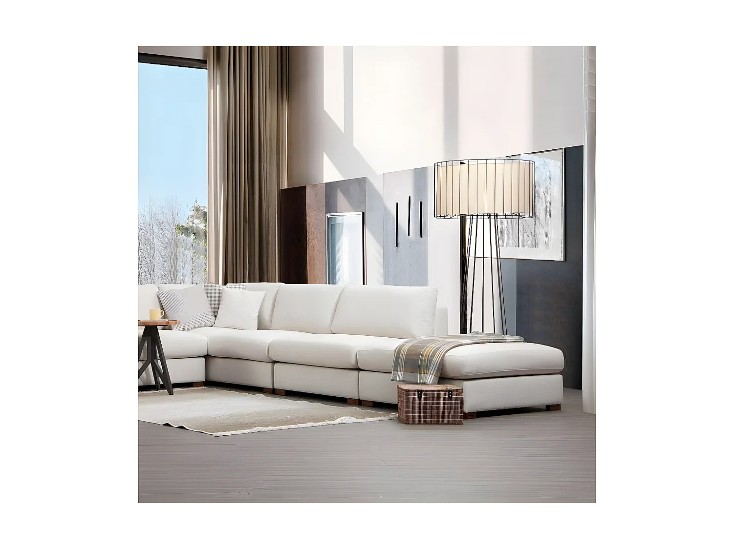 Canapé panoramique avec pouf, table d'appoint à gauche et 5 coussins Arslan Tissu Beige