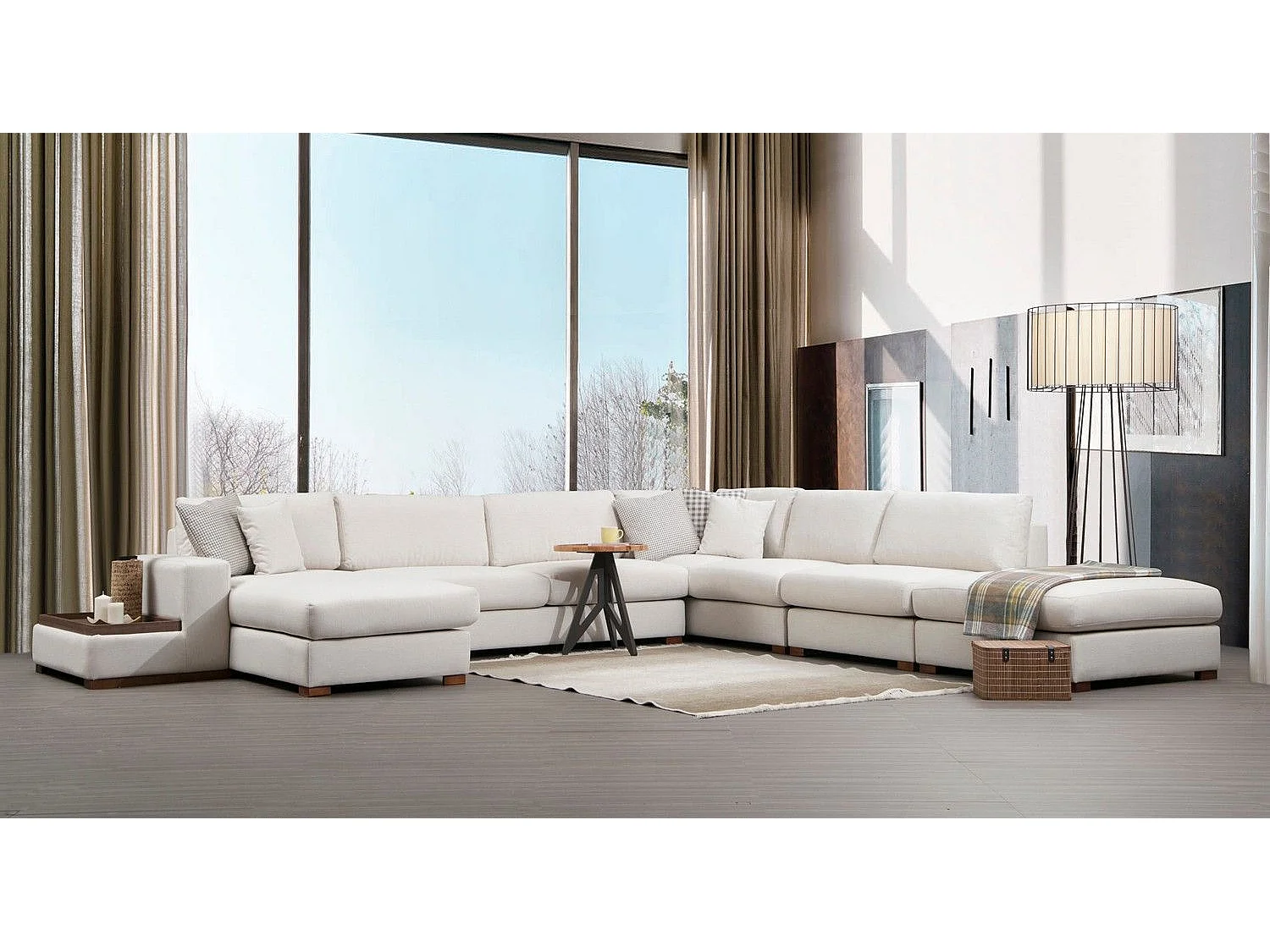 Canapé panoramique avec pouf, table d'appoint à gauche et 5 coussins Arslan Tissu Beige