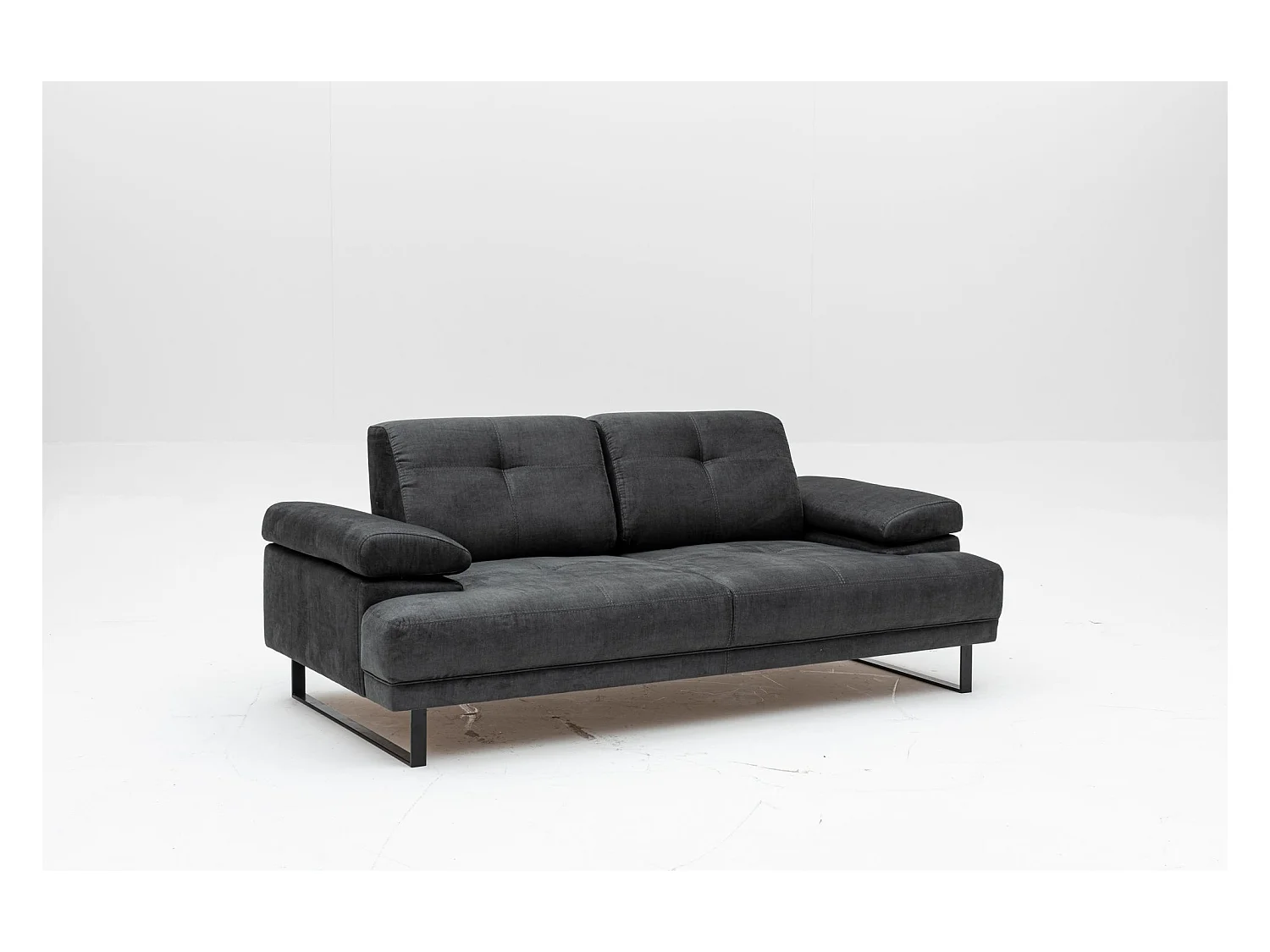 Moderne 2-zits rechte bank zachte antraciet stof zwart metalen poten Kustone 199 cm
