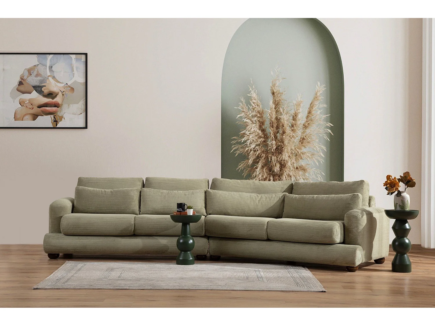 Sofá modular Altadena 432, Verde, 330x105x90cm, Tapiz, Patas: Madera