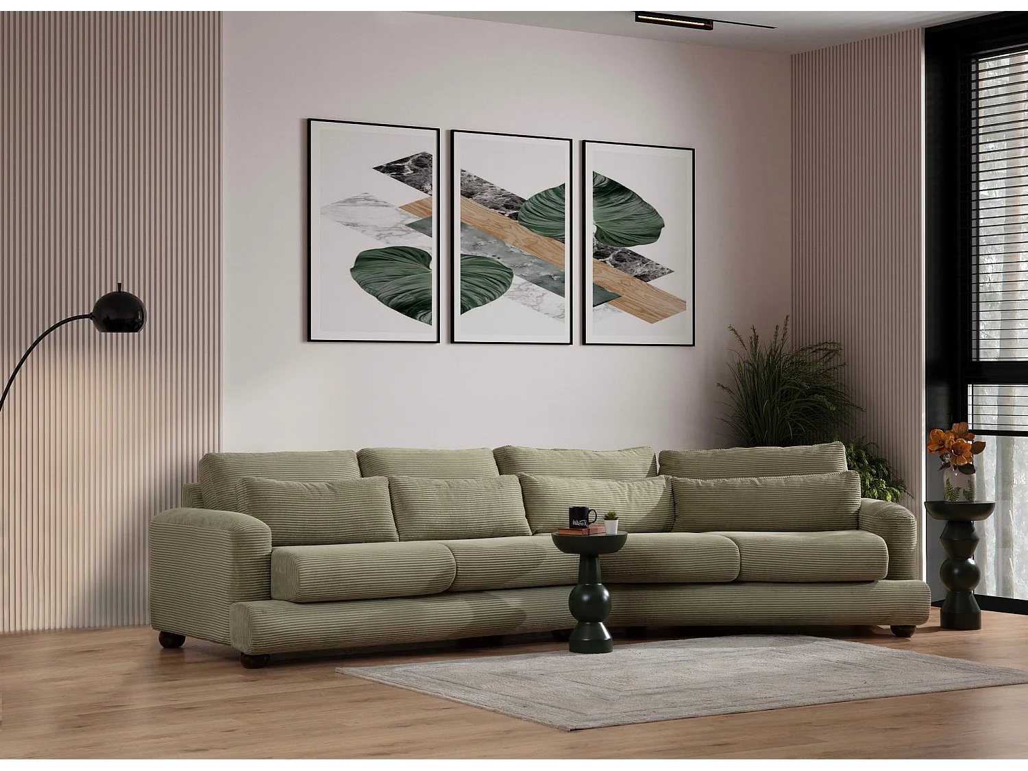 Sofá modular Altadena 432, Verde, 330x105x90cm, Tapiz, Patas: Madera