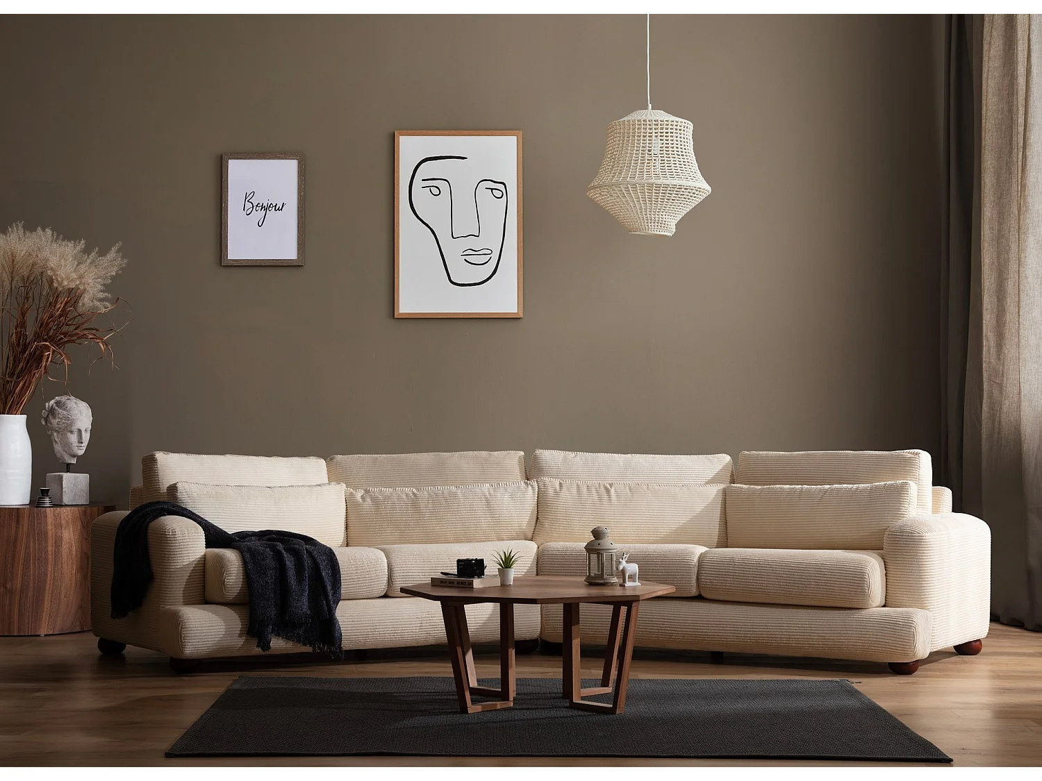 Sofá modular Altadena 432, Verde, 330x105x90cm, Tapiz, Patas: Madera