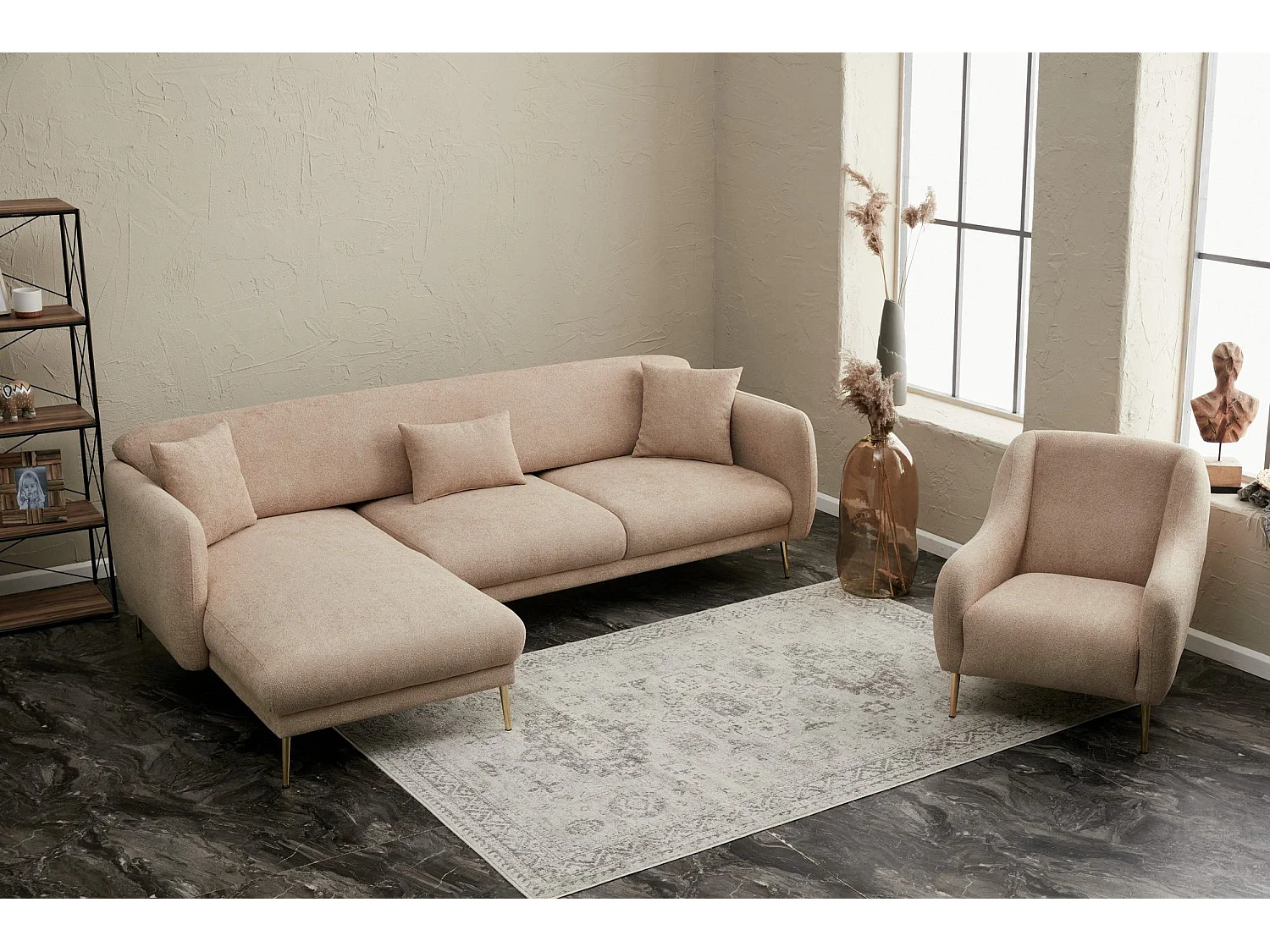 Canapé d'angle à gauche convertible pied doré Juanita Tissu Beige