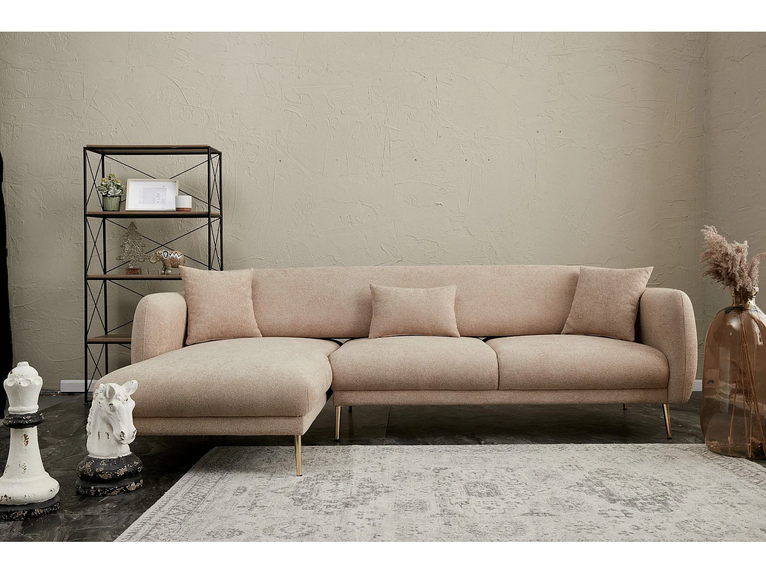 Converteerbare hoekbank in stof en gouden poten Birka 266 cm-Kleur Beige-juiste hoek