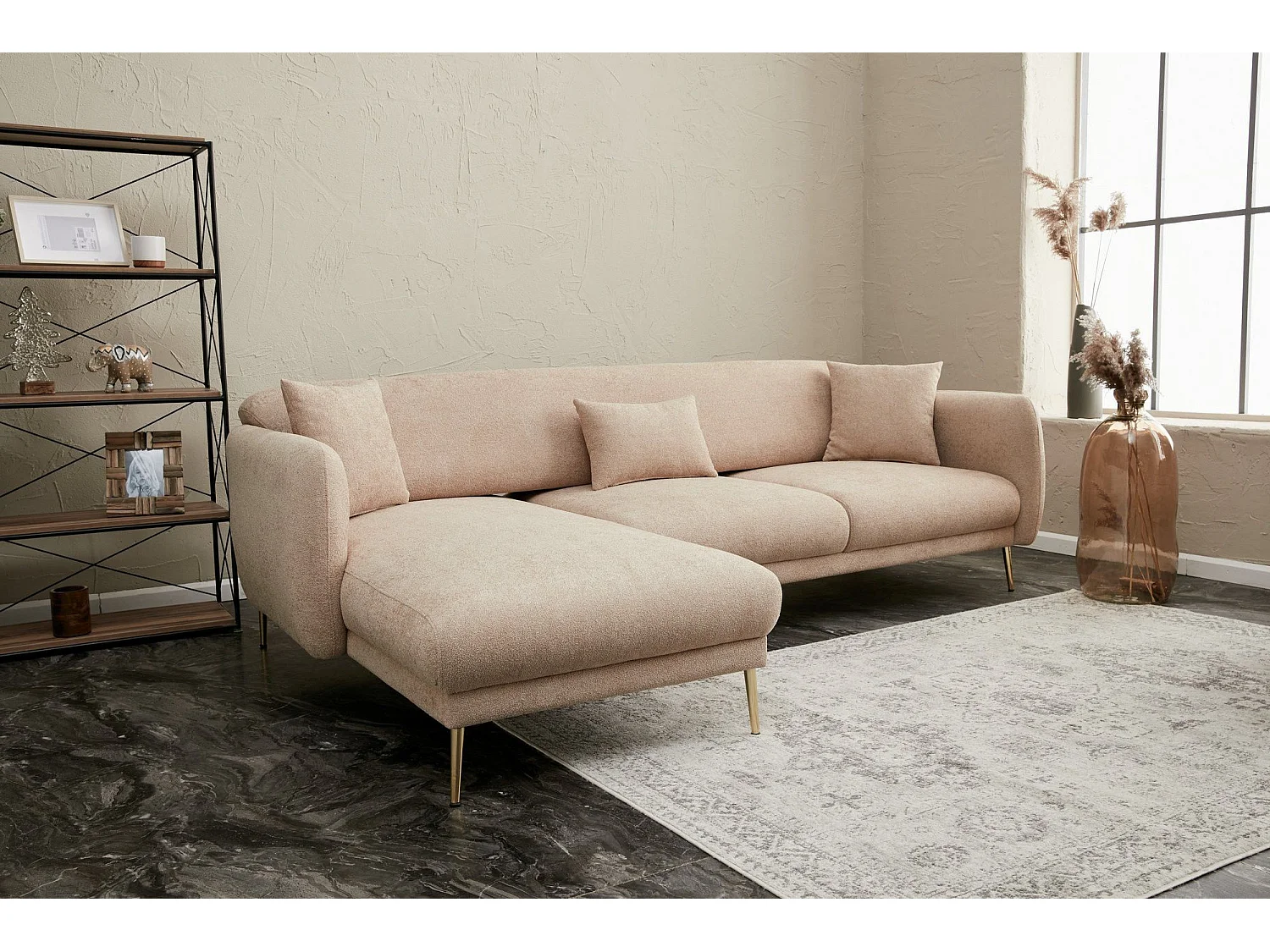 Converteerbare hoekbank in stof en gouden poten Birka 266 cm-Kleur Beige-juiste hoek