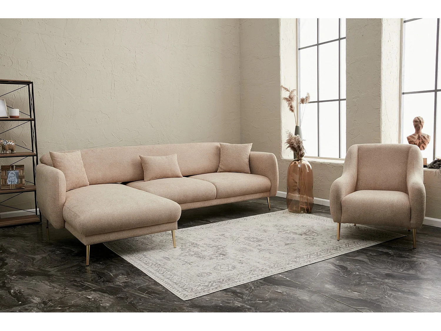 Converteerbare hoekbank in stof en gouden poten Birka 266 cm-Kleur Beige-juiste hoek