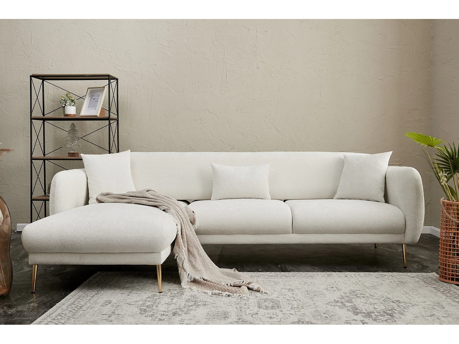 Converteerbare hoekbank in stof en gouden poten Birka 266 cm-Kleur Wit-linkerhoek