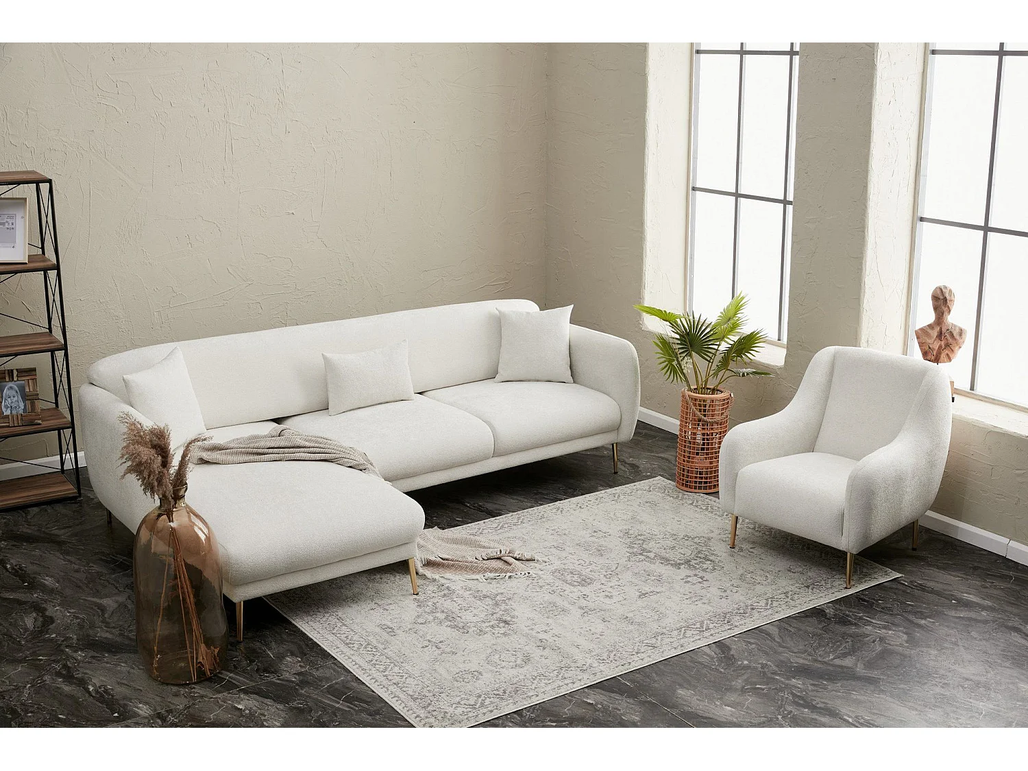 Converteerbare hoekbank in stof en gouden poten Birka 266 cm-Kleur Wit-linkerhoek